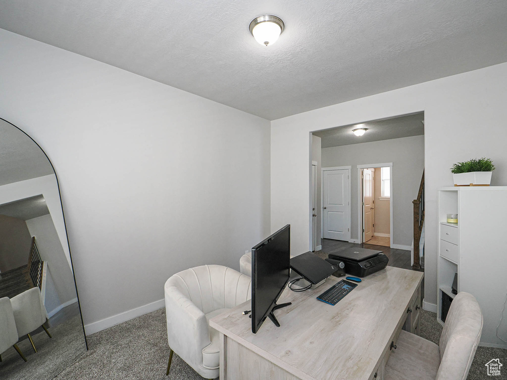Office space with baseboards, carpet, and a textured ceiling