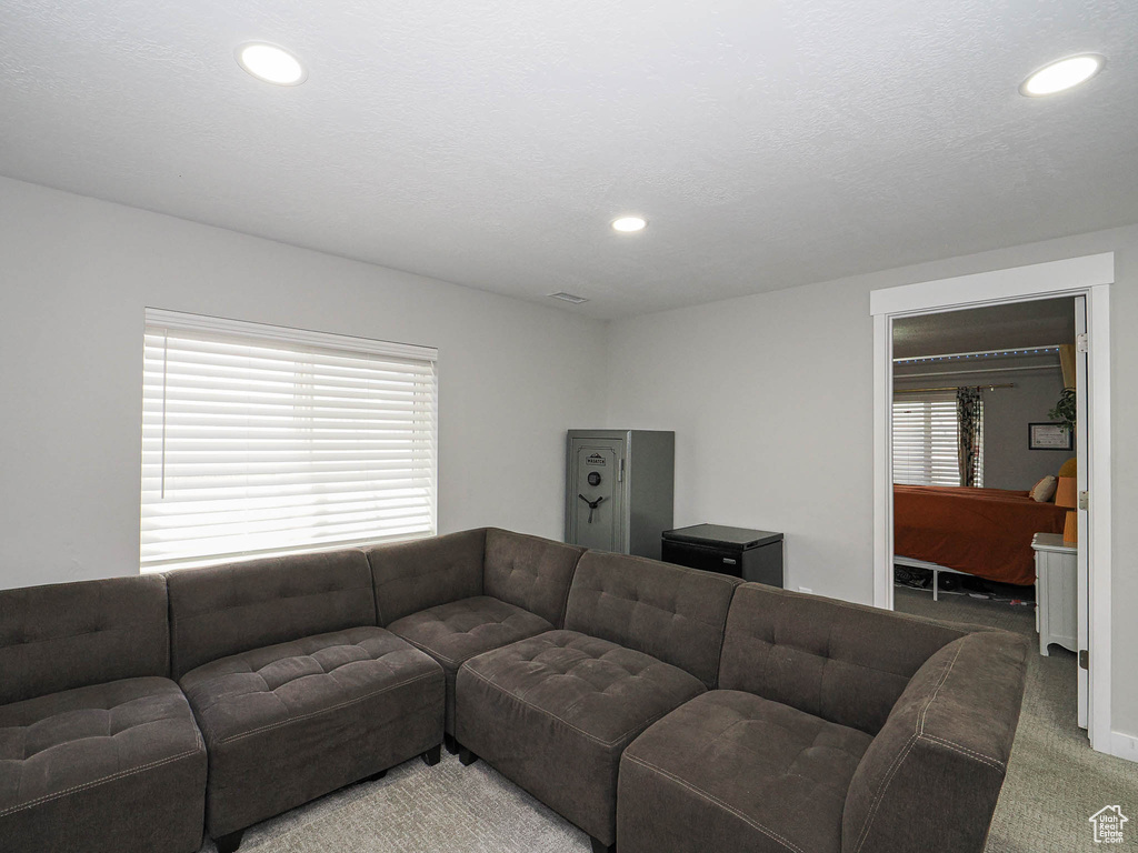 Carpeted living room with recessed lighting