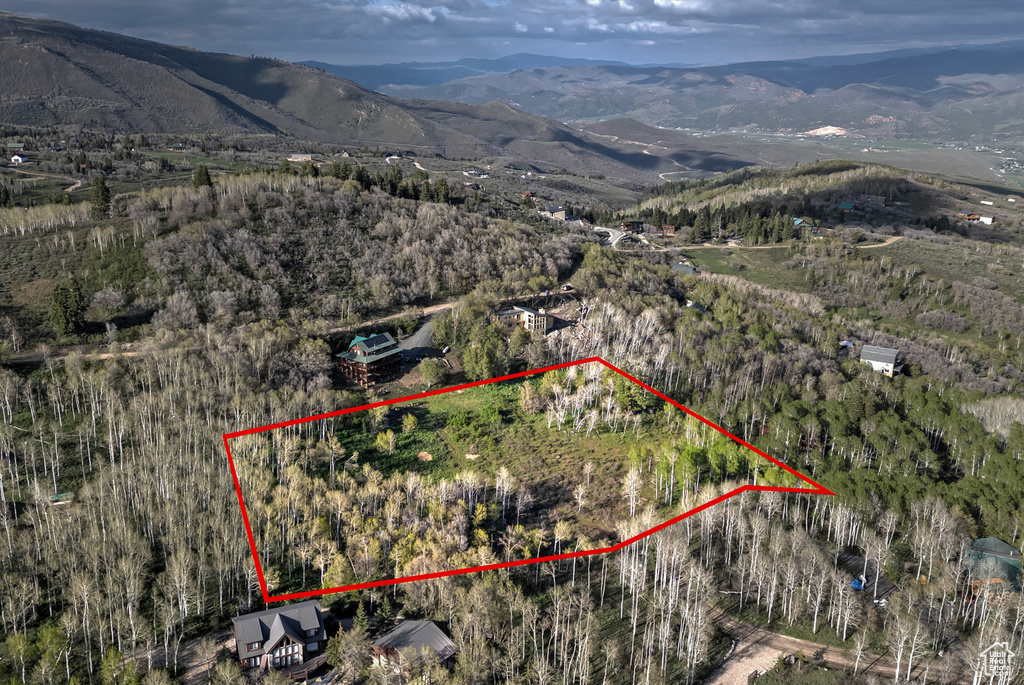 Aerial view of property\'s location with property parcel outlined and mountains