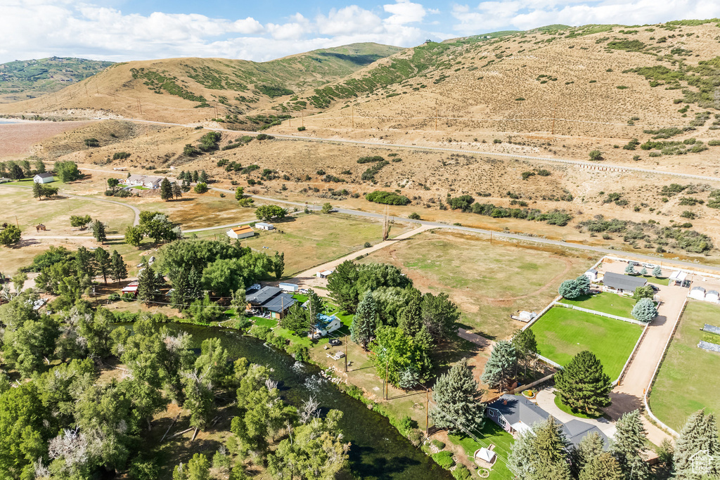 Overview of rural landscape with a mountainous background