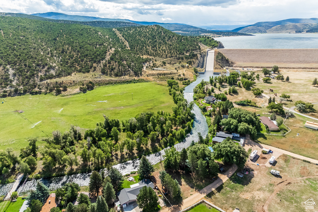 Aerial view of a water and mountain view
