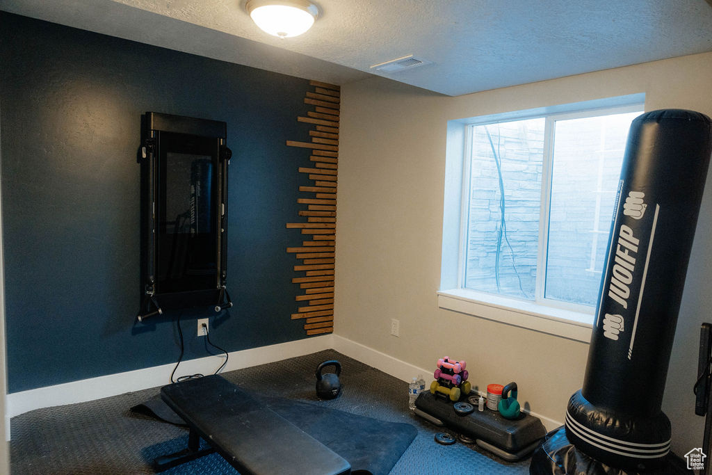 Exercise area with baseboards, carpet floors, and a textured ceiling