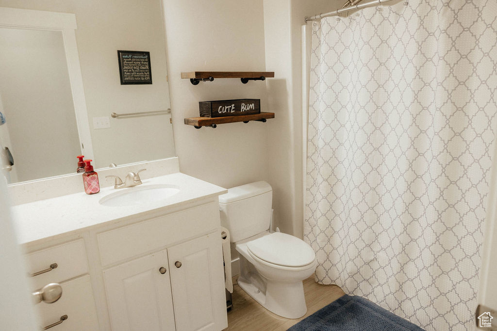 Full bathroom featuring toilet, vanity, wood finished floors, and curtained shower