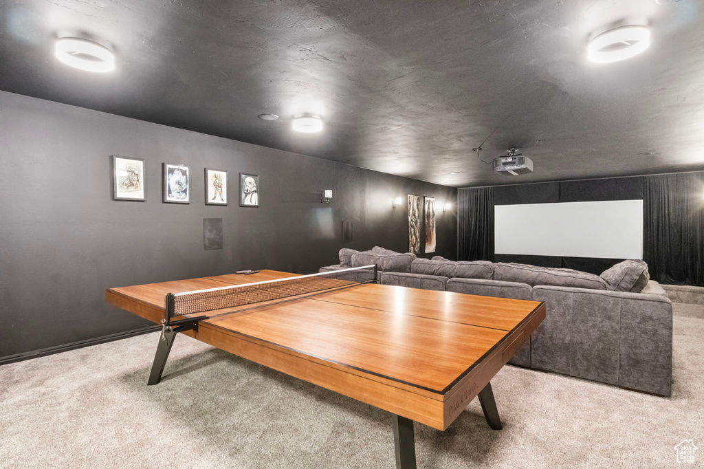 Cinema with carpet flooring and baseboards