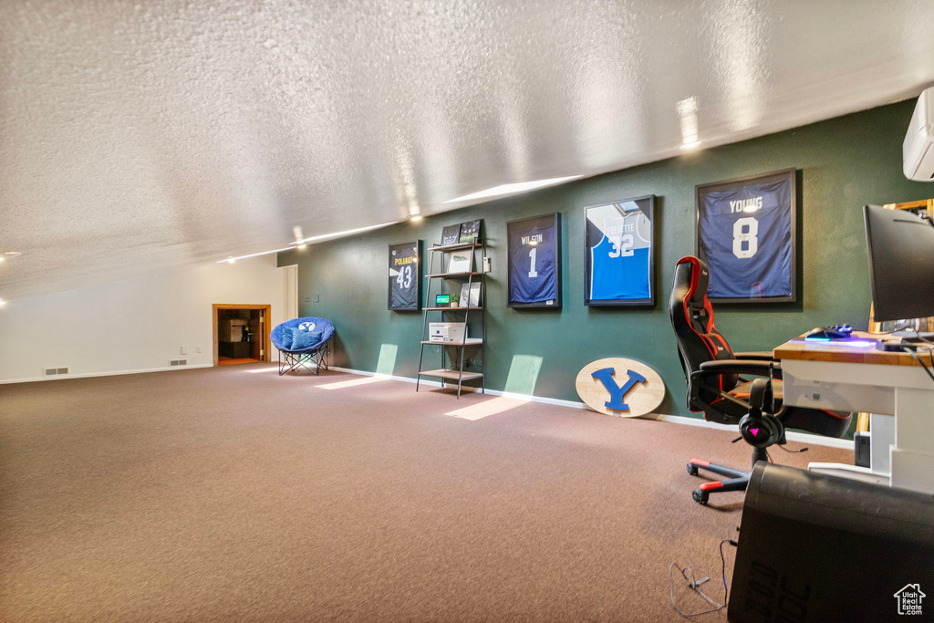 Office area with a textured ceiling, baseboards, and carpet