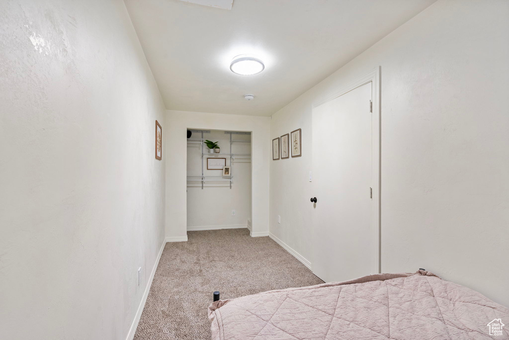 Bedroom with carpet, a closet, and baseboards