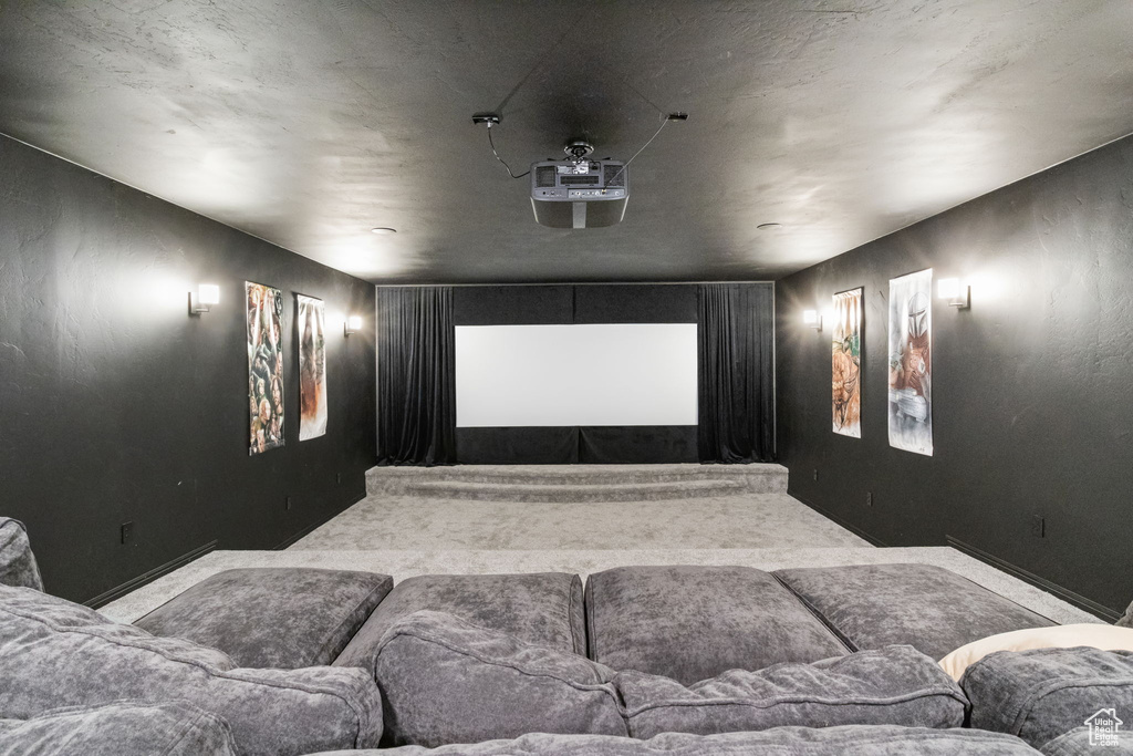 Home theater featuring baseboards and carpet