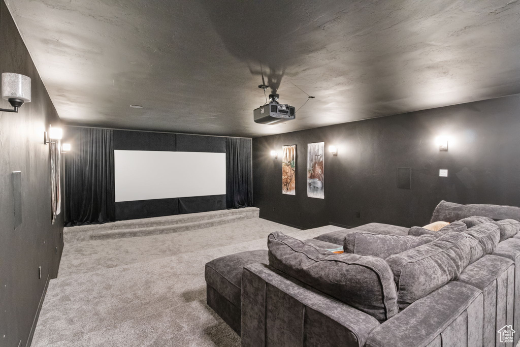 Cinema room with carpet flooring