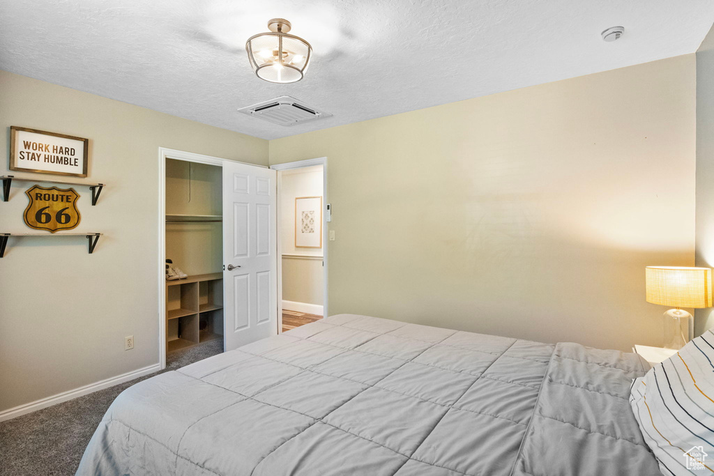 Carpeted bedroom with baseboards, a closet, and a textured ceiling