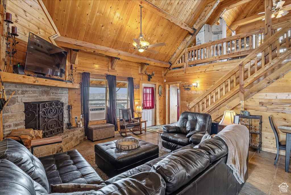 Living area featuring a ceiling fan, wooden walls, wooden ceiling, beamed ceiling, and stairway