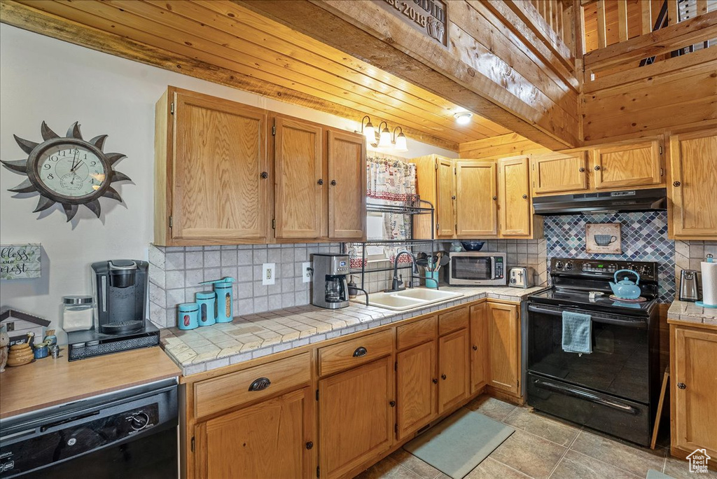 Kitchen with black appliances, a sink, under cabinet range hood, and tasteful backsplash