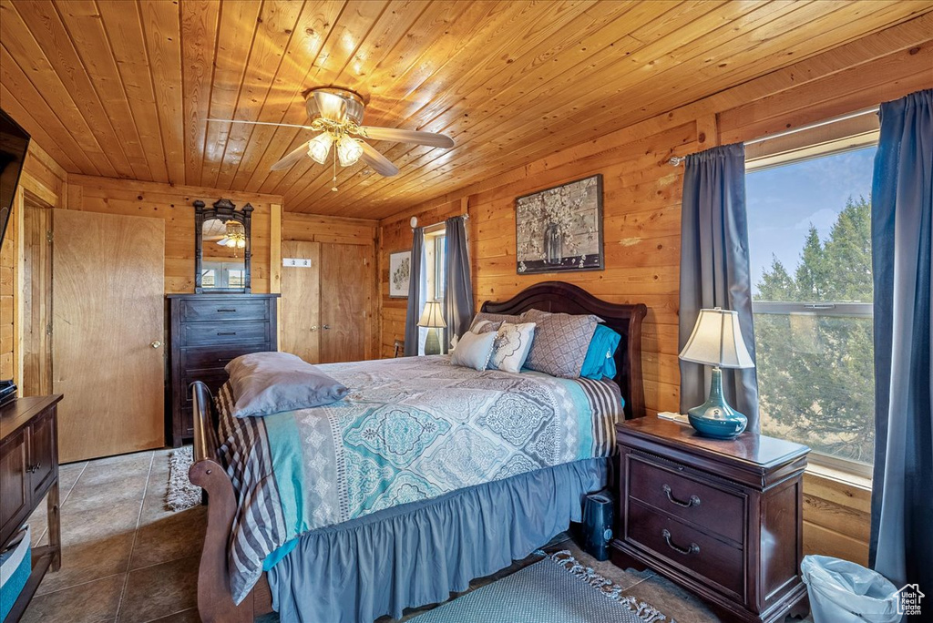 Bedroom with wooden ceiling and wooden walls