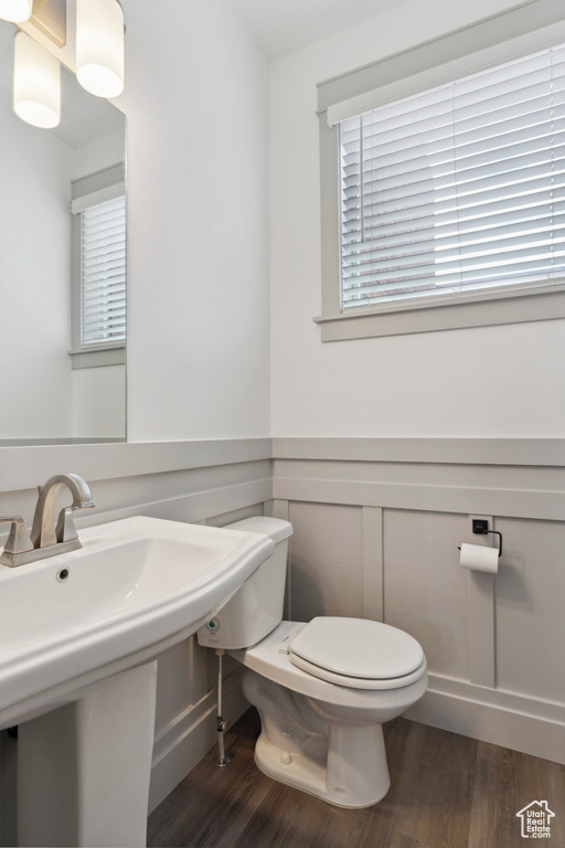 Half bath with wood finished floors, toilet, a sink, and a wainscoted wall
