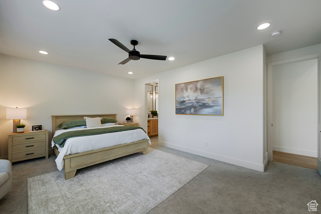 Carpeted bedroom with recessed lighting, baseboards, and a ceiling fan