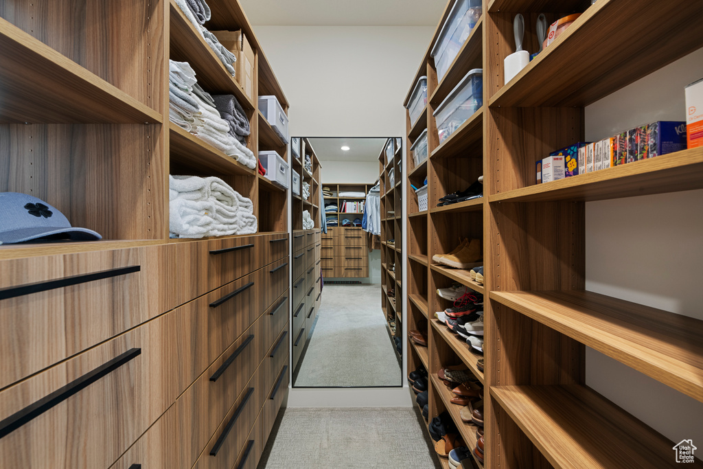 Spacious closet with light carpet