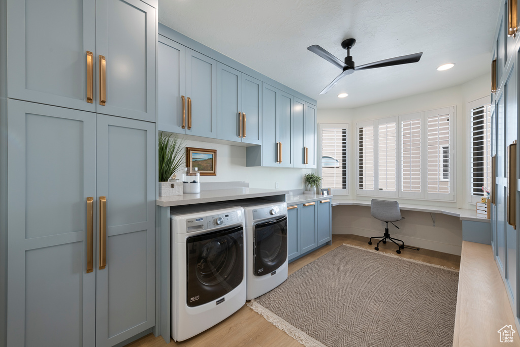 Washroom featuring washing machine and dryer, cabinet space, ceiling fan, recessed lighting, and light wood finished floors