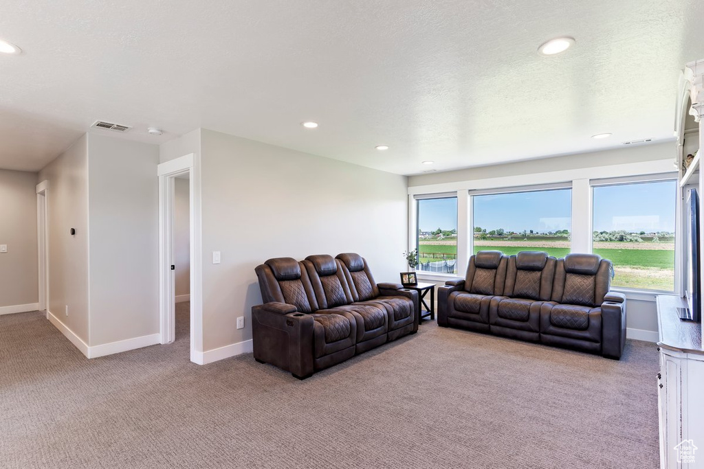 Carpeted living room featuring baseboards and recessed lighting