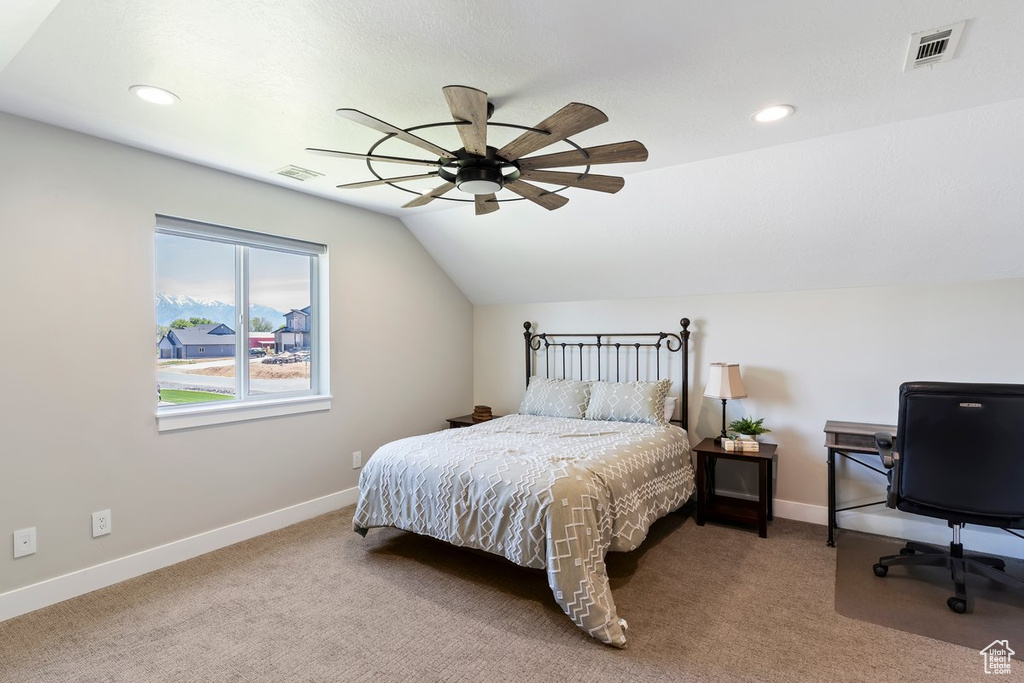 Bedroom featuring vaulted ceiling, baseboards, carpet, recessed lighting, and ceiling fan