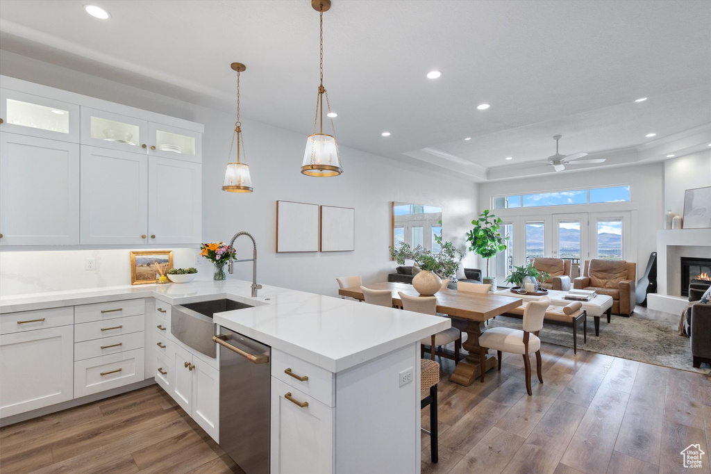 Kitchen with a sink, stainless steel dishwasher, a peninsula, wood finished floors, and a raised ceiling