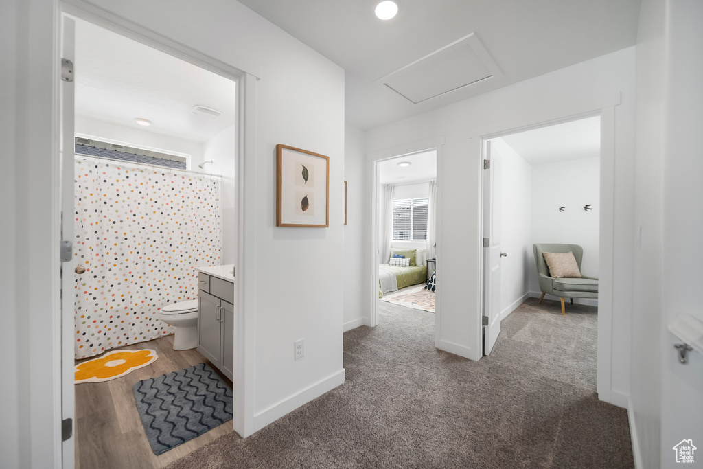 Hall with carpet floors, baseboards, and attic access