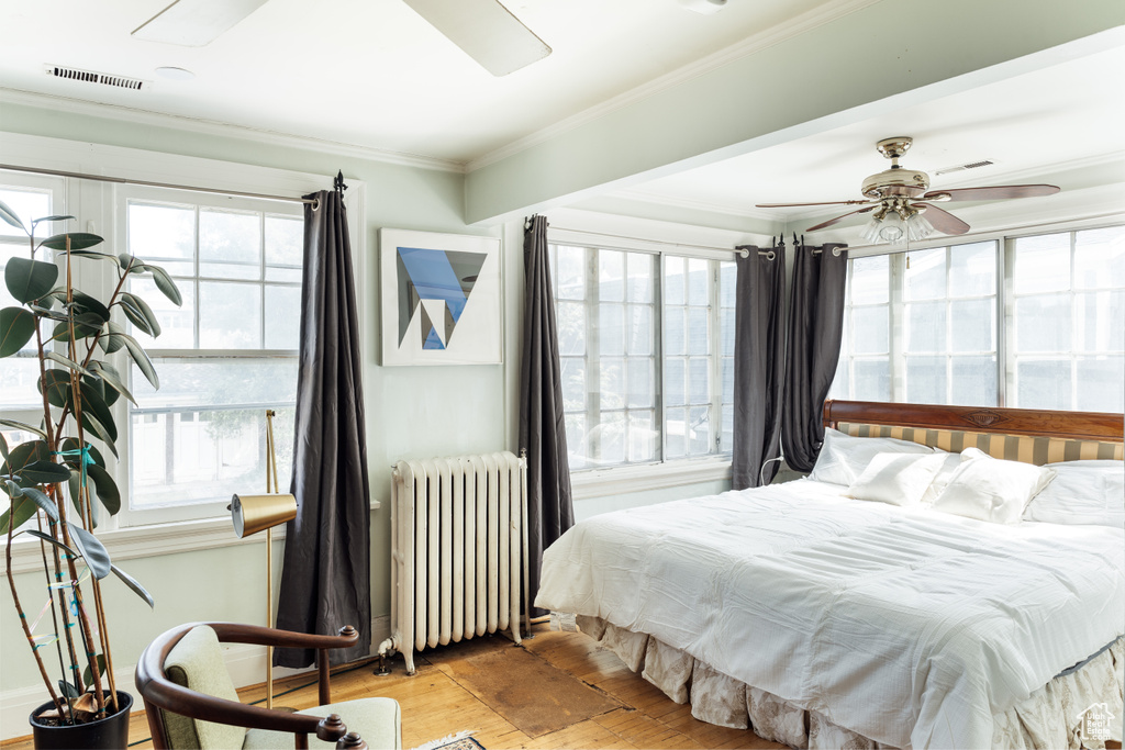 Bedroom with radiator, crown molding, wood finished floors, and multiple windows