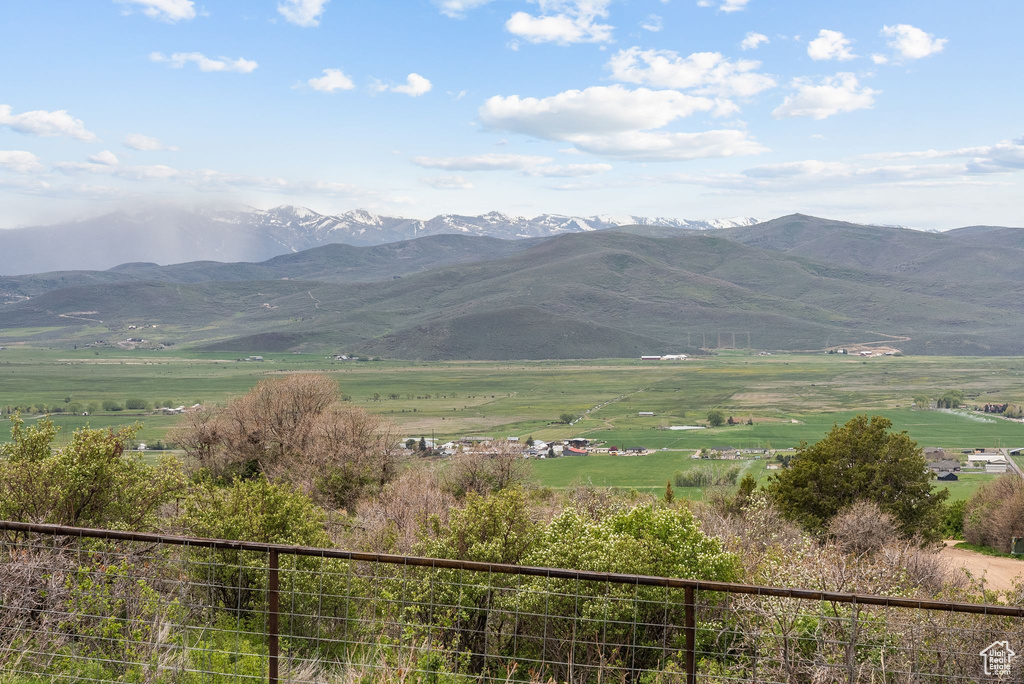 View of mountain background with rural landscape and agricultural land
