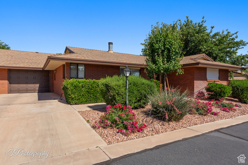 Ranch-style home with brick siding, concrete driveway, a garage, and roof with shingles