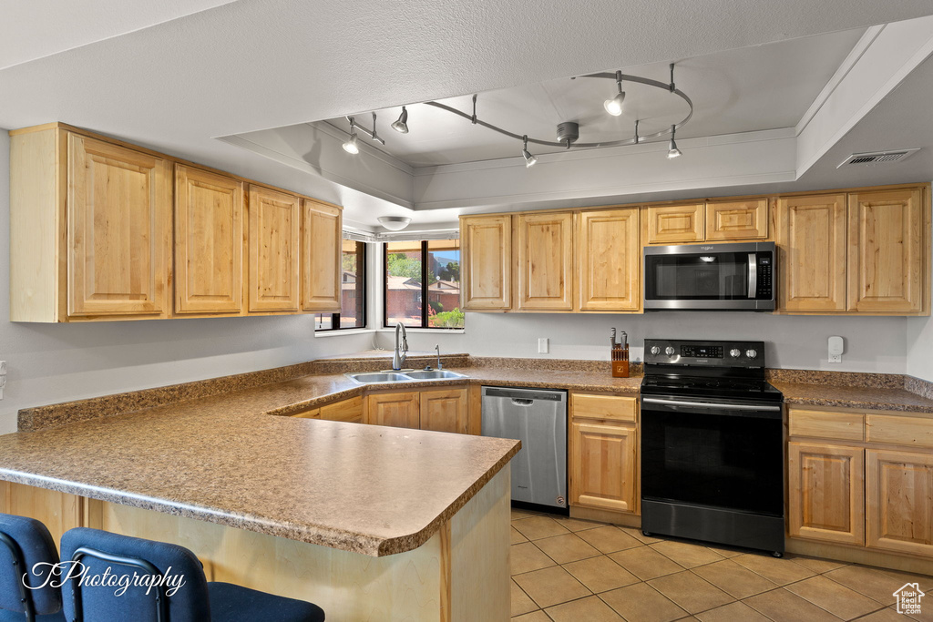 Kitchen featuring appliances with stainless steel finishes, a sink, a raised ceiling, and a peninsula