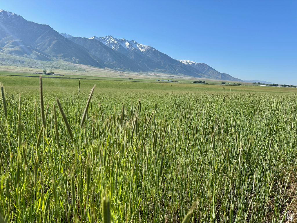 View of mountain backdrop with rural landscape