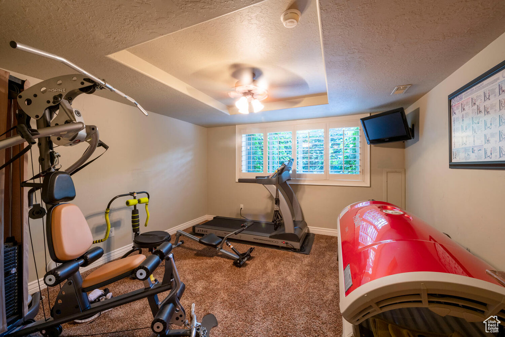 Workout room with carpet floors, a tray ceiling, a ceiling fan, a textured ceiling, and baseboards