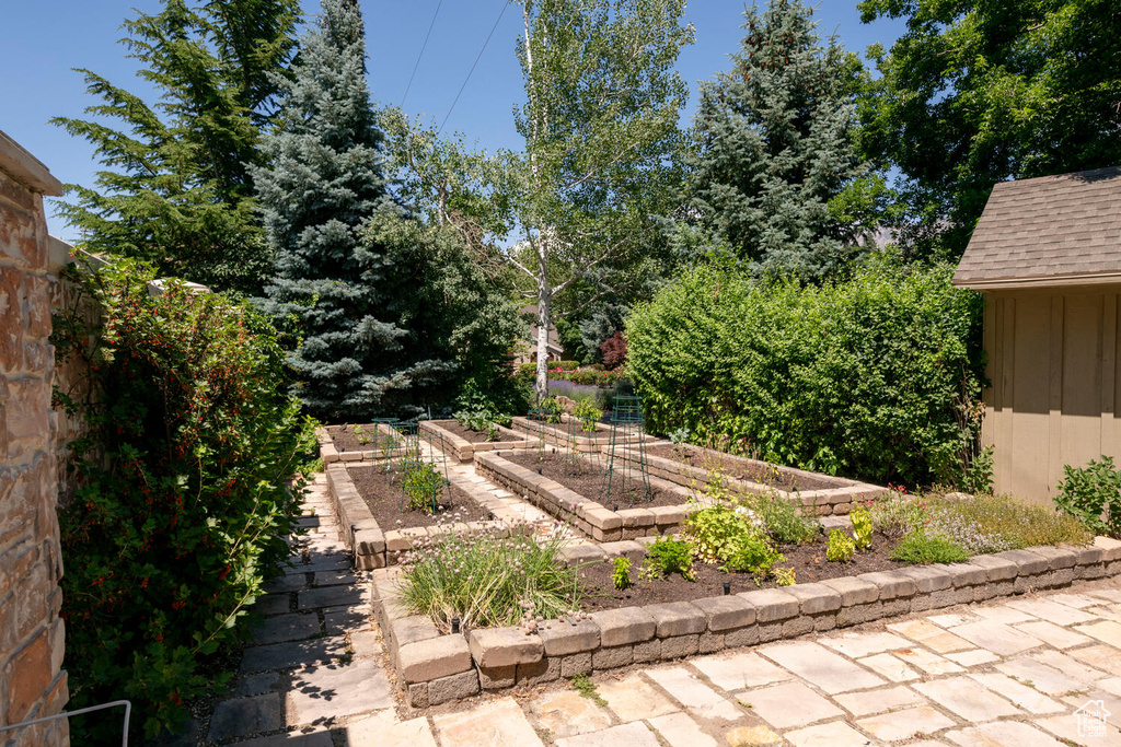 View of yard featuring a garden and fence
