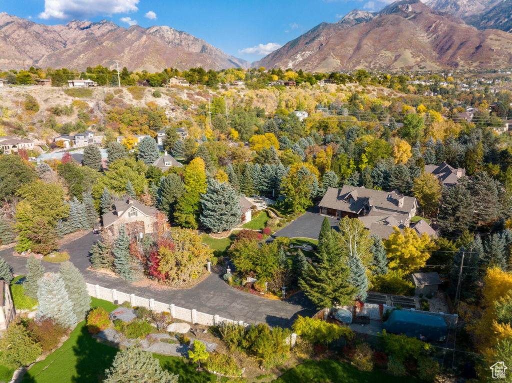 Birds eye view of property with a mountain view