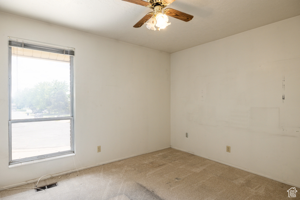 Spare room featuring plenty of natural light, light carpet, and ceiling fan
