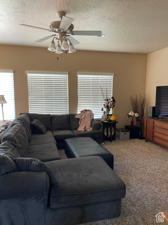 Carpeted living room featuring ceiling fan and a textured ceiling