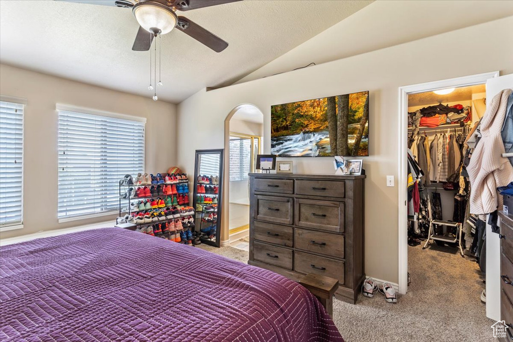 Bedroom featuring a walk in closet, lofted ceiling, light colored carpet, baseboards, and a closet