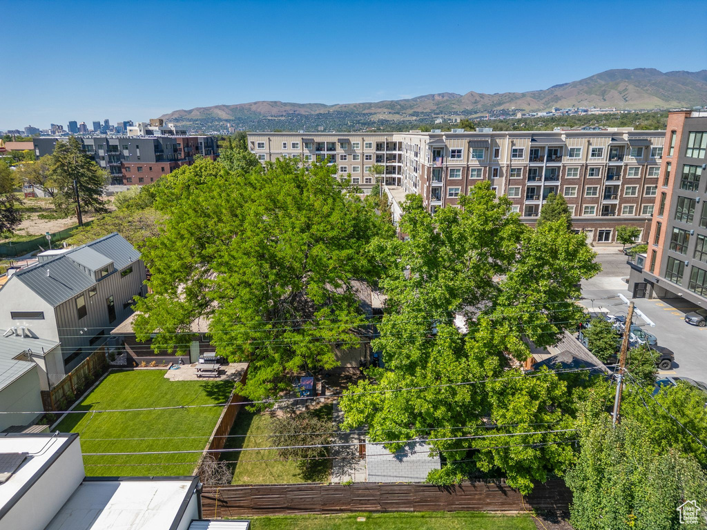 Drone / aerial view of a mountain backdrop