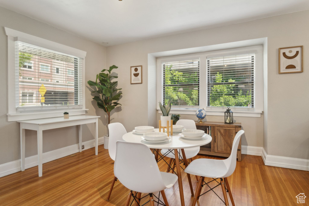 Dining space featuring light wood-style flooring, healthy amount of natural light, and baseboards