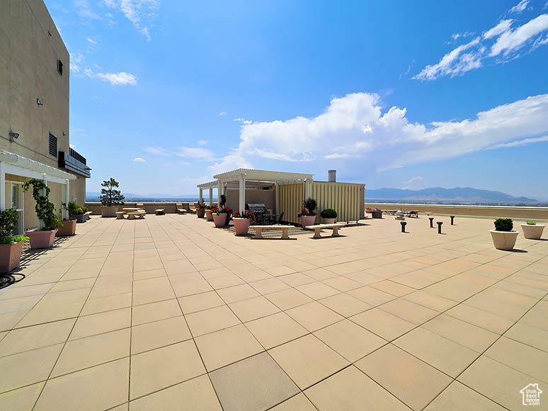 View of patio featuring a mountain view