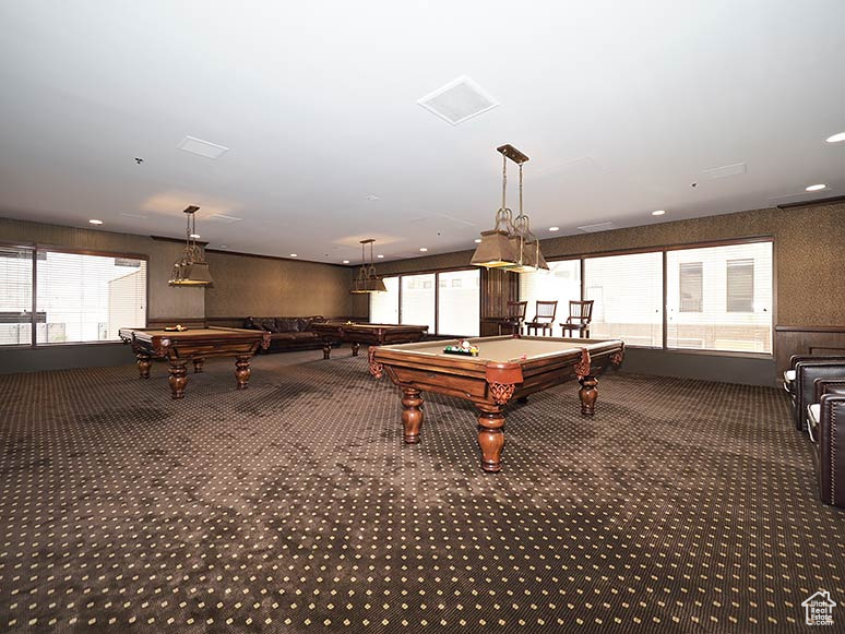 Recreation room with billiards and carpet