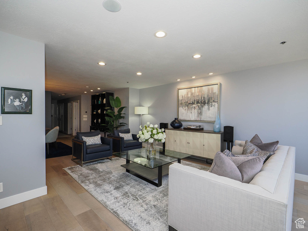 Living area featuring baseboards, wood finished floors, and recessed lighting