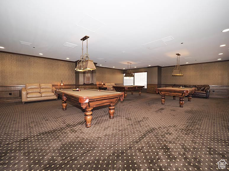 Game room with pool table, wallpapered walls, carpet floors, and recessed lighting