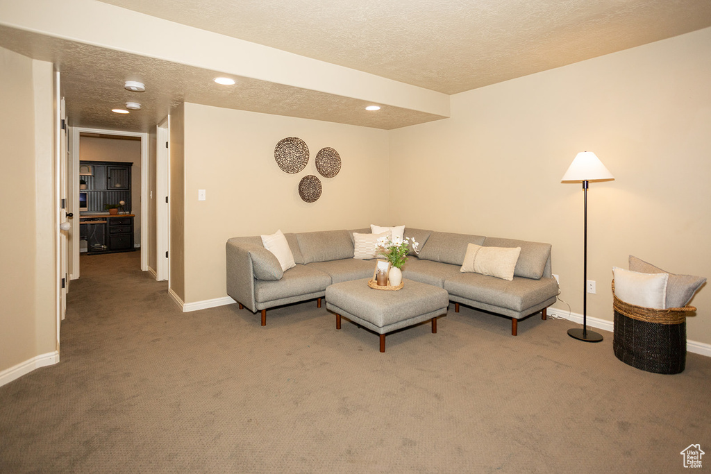 Carpeted living room featuring a textured ceiling, baseboards, and recessed lighting
