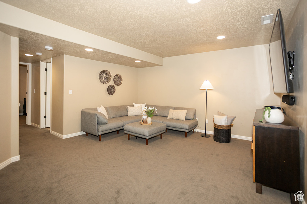 Living area featuring carpet floors, a textured ceiling, recessed lighting, and baseboards