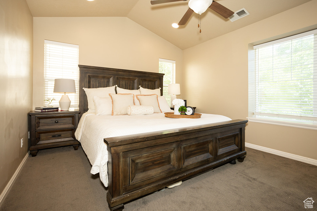 Bedroom with vaulted ceiling, multiple windows, baseboards, and carpet