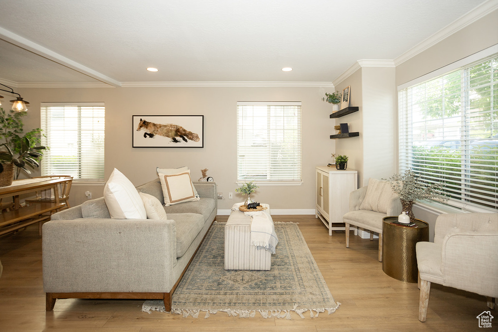 Living area featuring light wood-type flooring, baseboards, ornamental molding, and recessed lighting