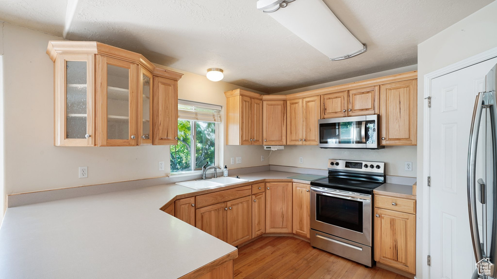 Kitchen with appliances with stainless steel finishes, a sink, light countertops, and light wood-style floors