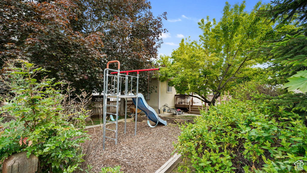 View of play area with a deck