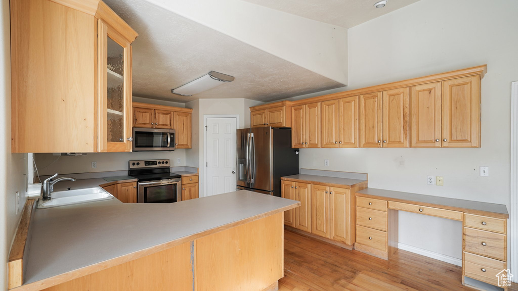 Kitchen with appliances with stainless steel finishes, a sink, light wood-type flooring, a peninsula, and glass insert cabinets