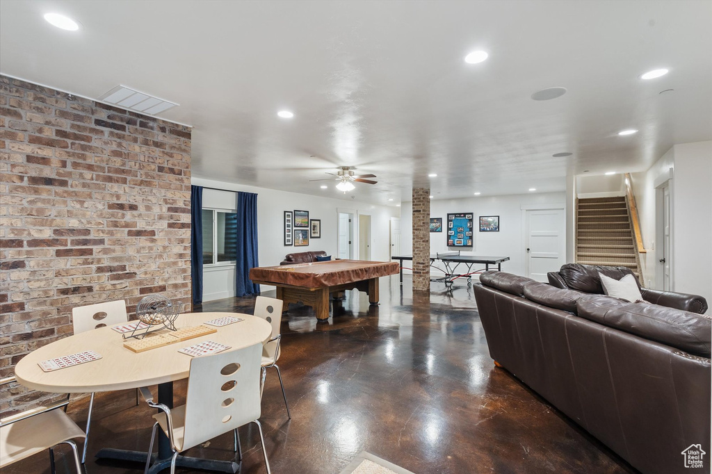 Rec room with concrete floors, pool table, recessed lighting, and ceiling fan