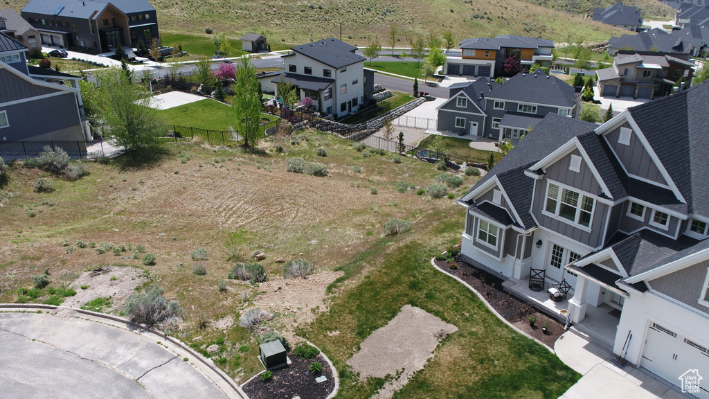 Aerial view of residential area with mountains